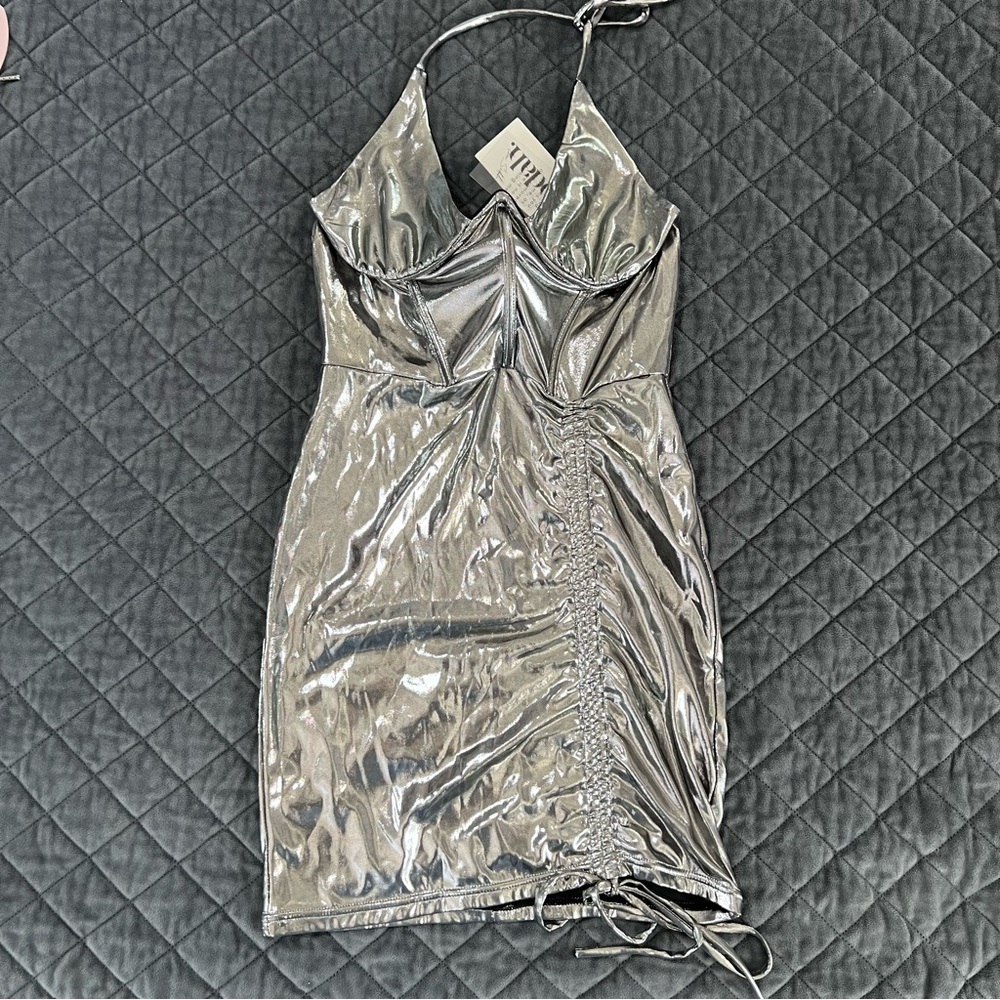 Soda Metallic Silver Halter Mini Dress - Picture 3 of 9